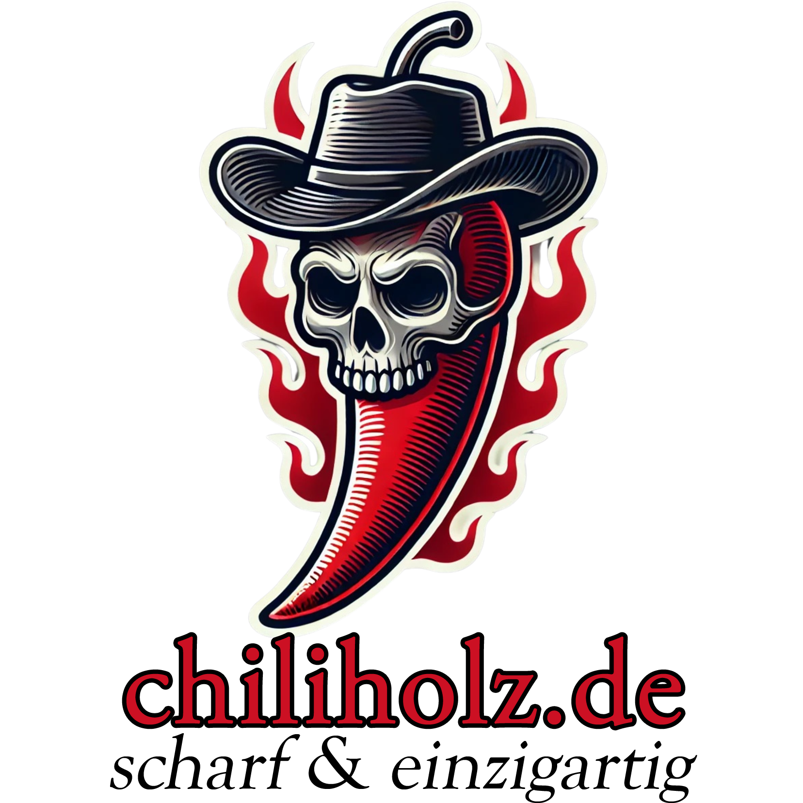Chiliholz Logo – rote Chili mit Totenkopf im Cowboyhut, Flammen und Schriftzug chiliholz.de.