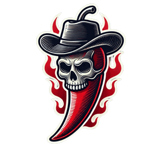 Chiliholz Logo – Totenkopf mit Cowboy-Hut und roter Chili, feurig und einzigartig.