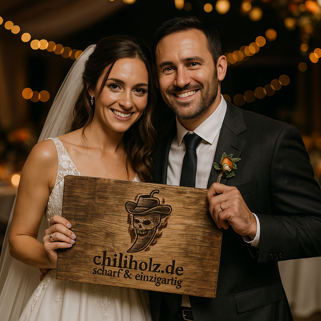 Brautpaar mit graviertem Holzschild von chiliholz.de – personalisierte Hochzeitsdekoration.