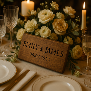 Graviertes Holzschild mit Namen „Emily & James“ und Hochzeitsdatum, dekorativ auf einem festlich gedeckten Hochzeitstisch platziert.
