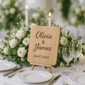 Personalisierte Holztafel mit Gravur der Namen „Olivia & James“ und Hochzeitsdatum, dekorativ auf einem festlich gedeckten Tisch mit weißen Blumen und Kerzen.