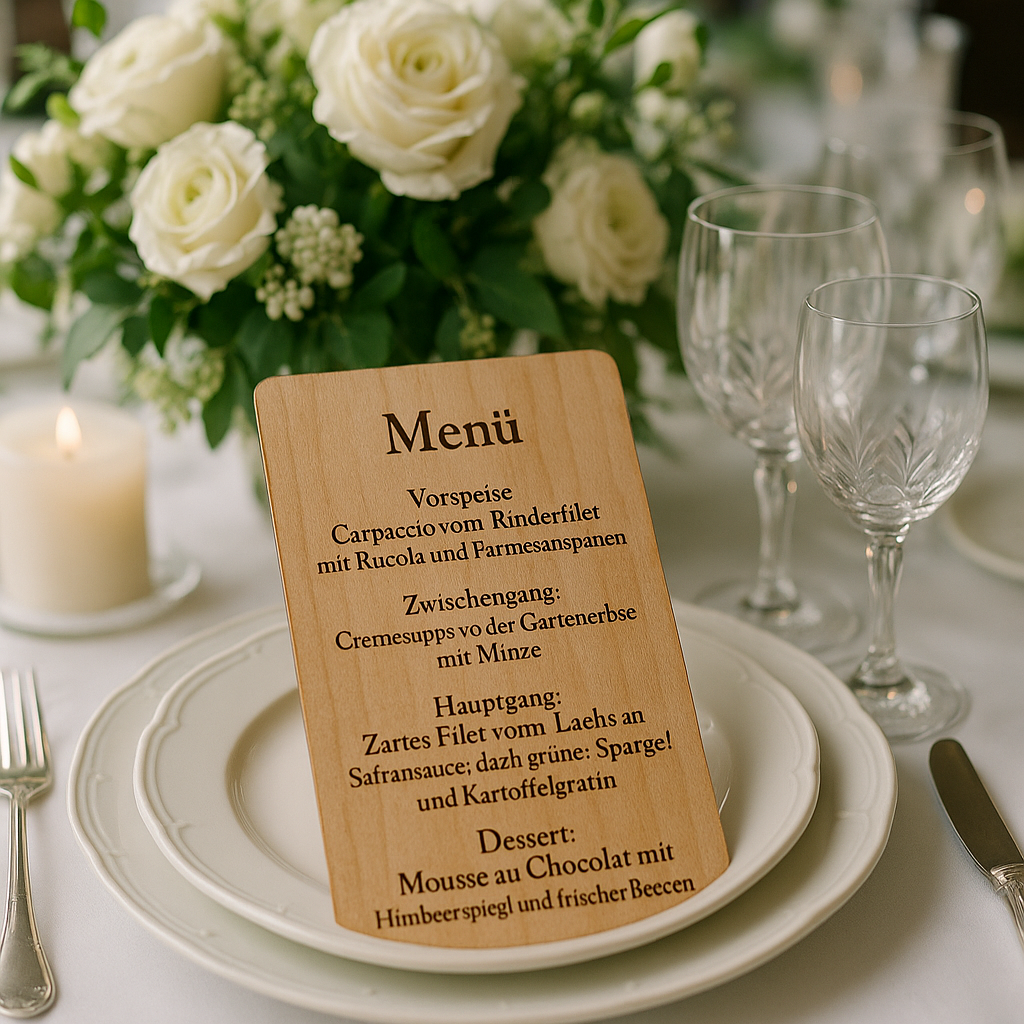 Personalisierte Menükarte aus Holz mit gravierter Speisefolge auf einem festlich gedeckten Hochzeitstisch mit weißen Rosen und Kerzen.