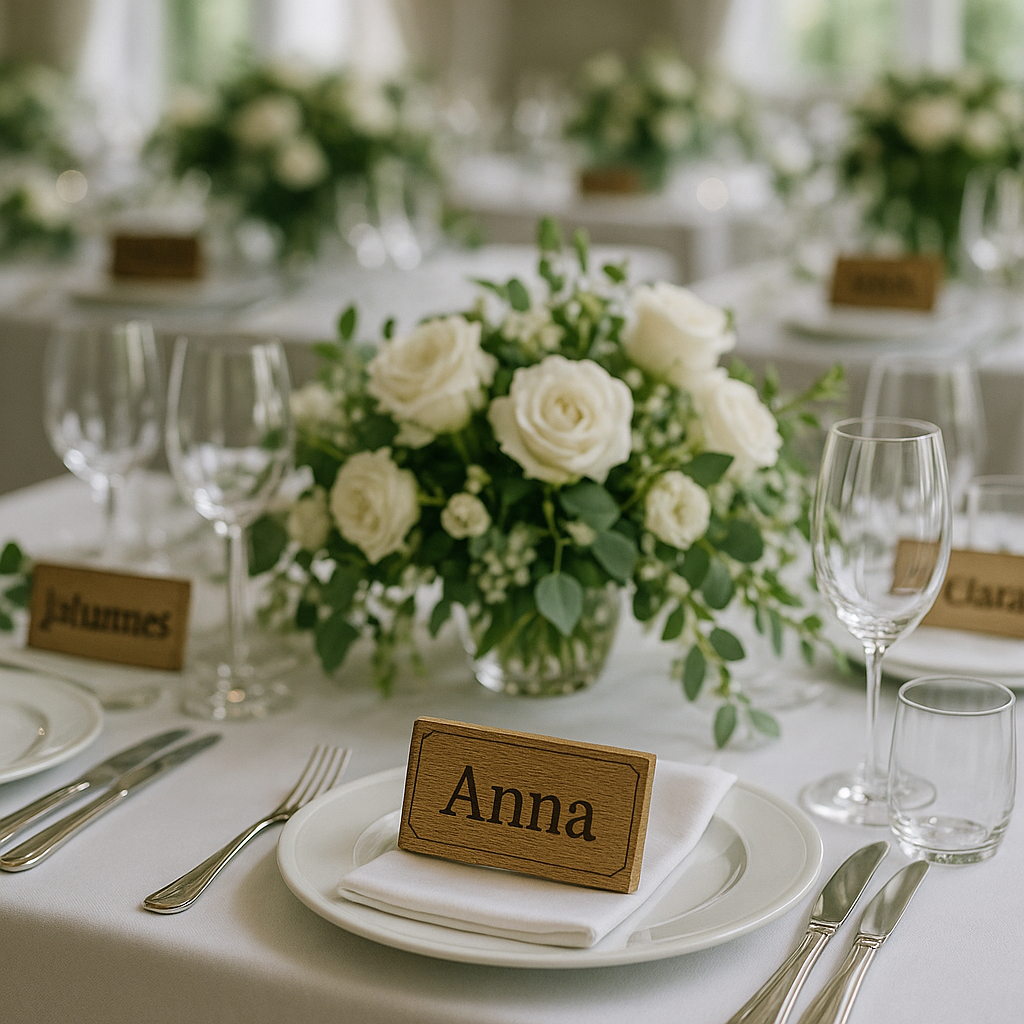 Holz-Tischkarte mit eingraviertem Namen „Anna“ auf einer Hochzeitstafel, dekoriert mit weißen Rosen und edler Tischdekoration.