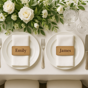Zwei personalisierte Holz-Tischkarten mit den Namen „Emily“ und „James“ auf edel gedeckten Hochzeitstellern mit weißer Blumendekoration.