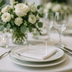 Acryl-Tischkarte mit eingraviertem Namen „Emily“ auf festlich gedecktem Hochzeitstisch mit weißen Rosen und eleganter Dekoration.