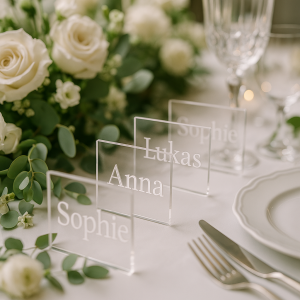 Mehrere Acryl-Tischkarten mit eingravierten Namen wie „Sophie“, „Anna“ und „Lukas“ auf einer elegant dekorierten Hochzeitstafel mit weißen Rosen.