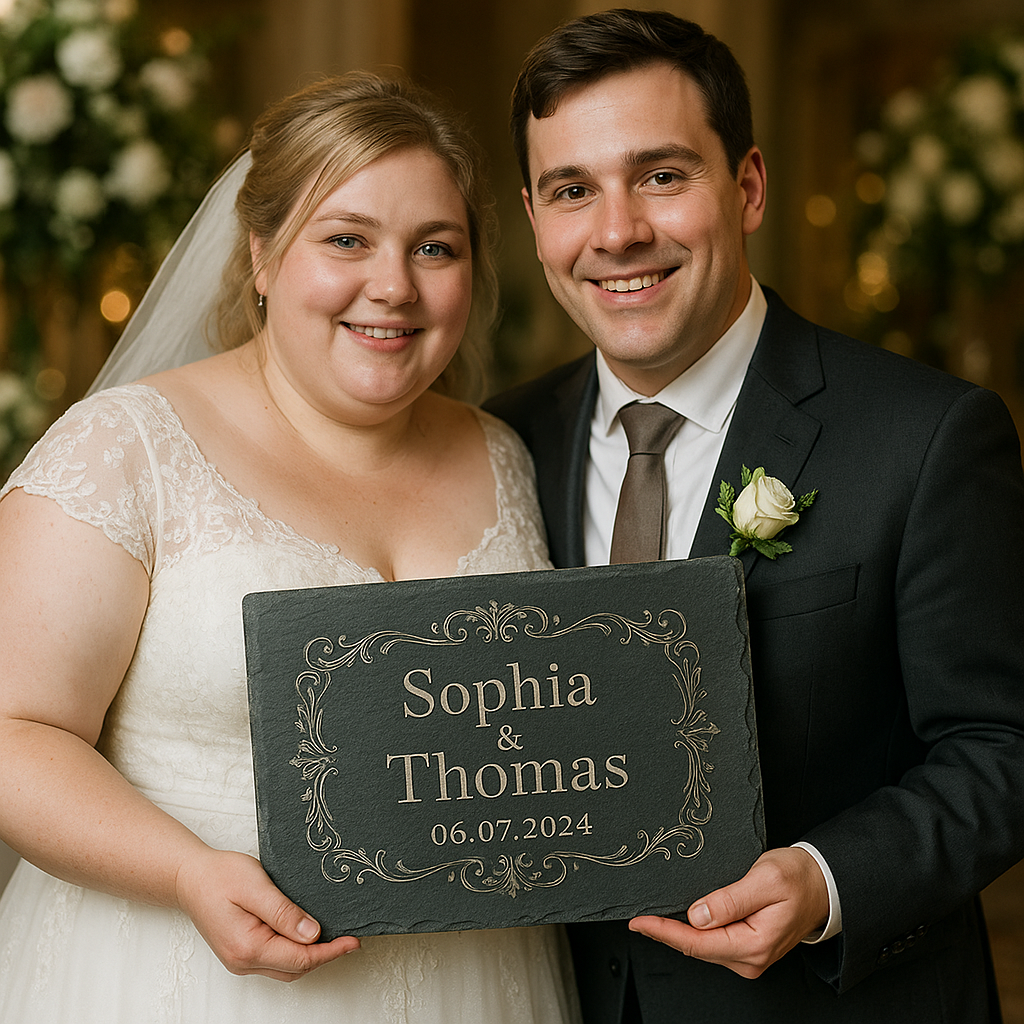 Brautpaar hält eine personalisierte Schiefertafel mit den Gravuren „Sophie & Thomas – 06.07.2024“ bei ihrer Hochzeit.