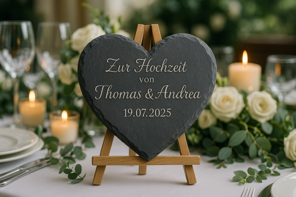 Herzförmige Schieferplatte mit Hochzeitsgravur „Anna & Lukas – 08.09.2025“ als Tischdeko.